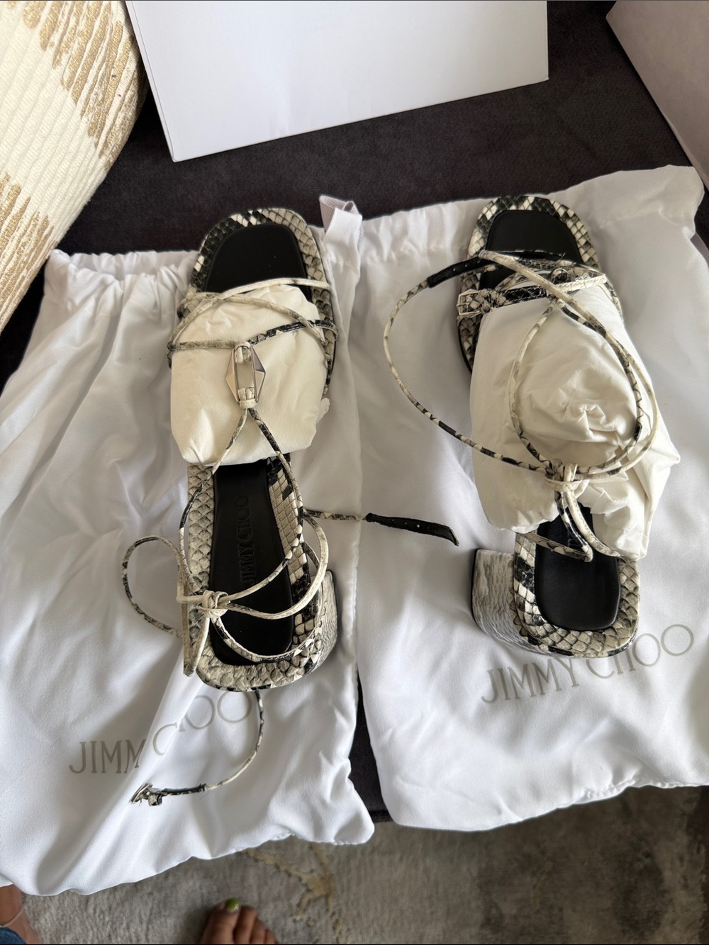 Jimmy Choo Black and White Snakeskin Wrap-Heel Sandals